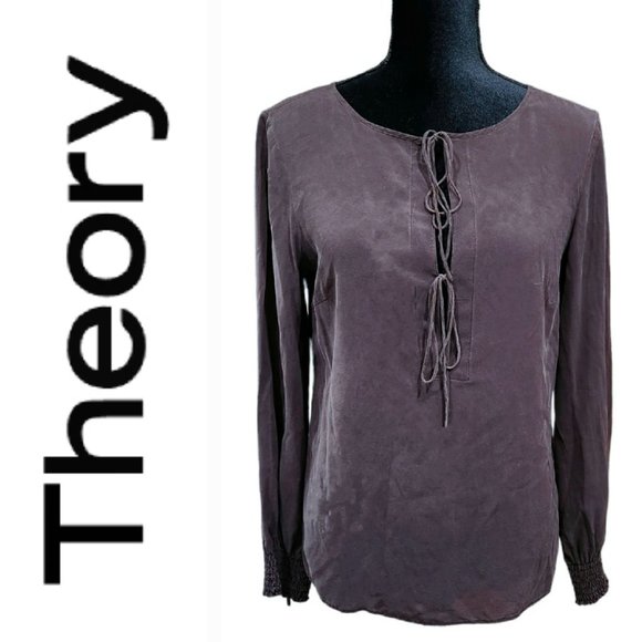 Theory Silk Lightweight Lace Up Sheer Tunic Long Sleeve Casual Top Blous L - Picture 1 of 11